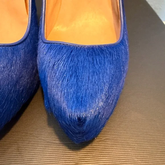 Ann Taylor Platform Wedge Heels Blue Haircalf Leather Ankle Strap Buckle 7M - Picture 2 of 10